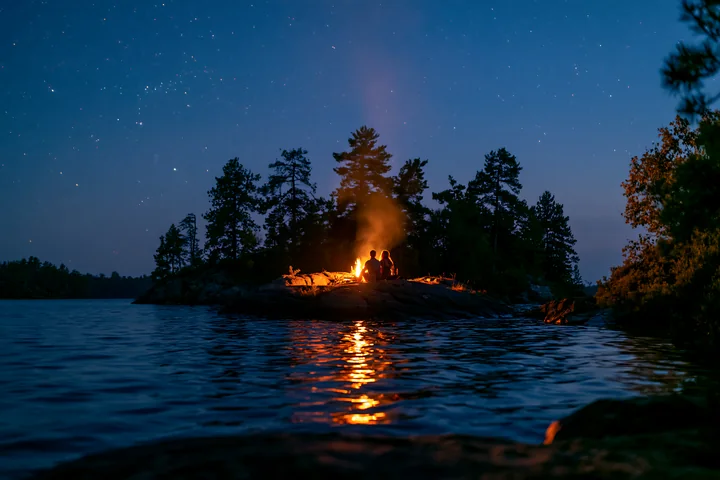 A couple enjoys time together beside a glowing campfire on a rock near a lake, with stars visible in the night sky and trees in the background creating a cozy s