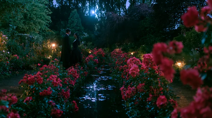 A couple gazing at each other among moonlit roses in a garden, surrounded by blooming flowers and a softly lit pond, creates an intimate setting during the nigh