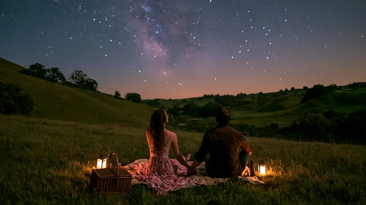 A couple holding hands beneath the night sky sits on grass, surrounded by a soft glow from lanterns.