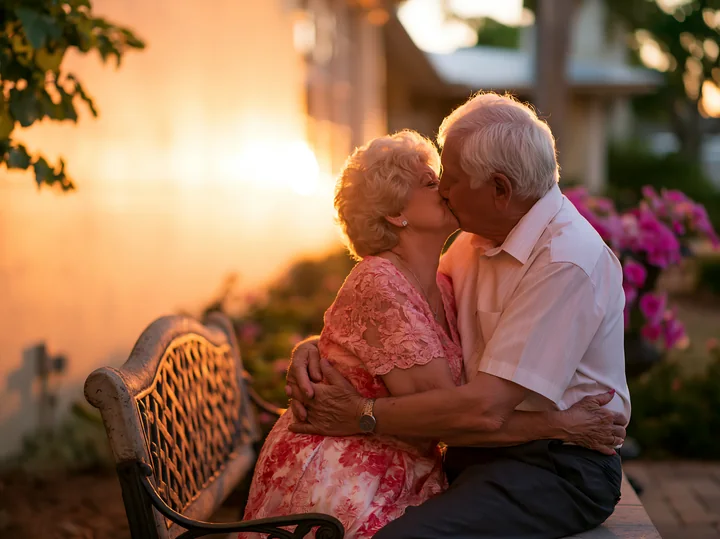 A couple kisses on a bench as the sun sets, surrounded by flowers.