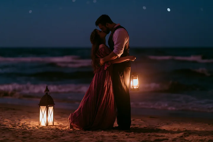 A couple kisses on the beach under the stars while holding a lantern.
