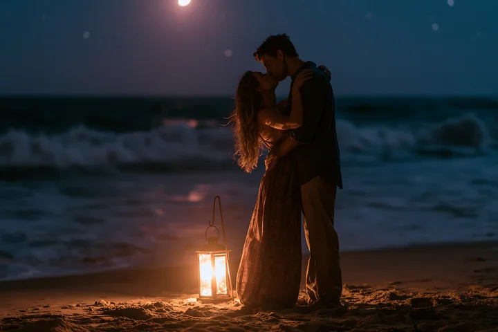 A couple kisses under a starry sky with a glowing lantern beside them on the beach.