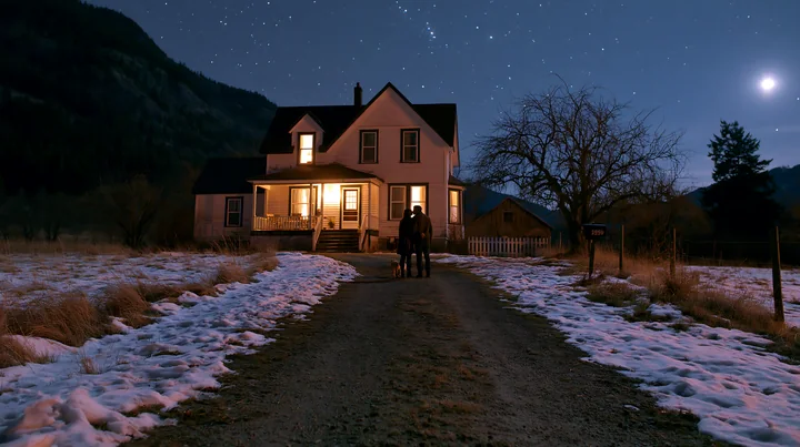 A couple kisses under the stars while standing on a snowy path near a house.