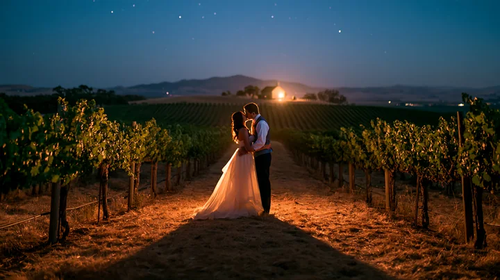 A couple kissing under a starry sky in a vineyard during nighttime.