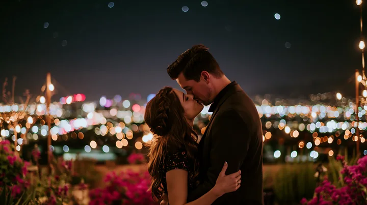 A couple leans in for a romantic anniversary kiss under stars with a city skyline in the background.