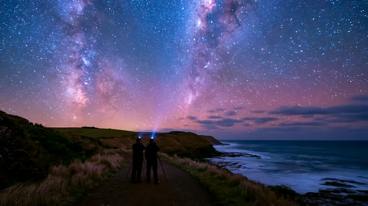 A couple photographing the Milky Way along the coastline under a starry sky.