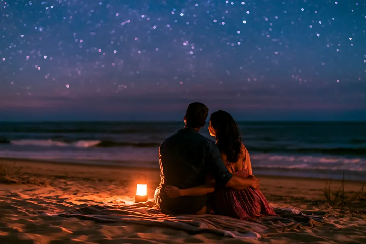 A couple sits closely together on a sandy beach under a starry night.