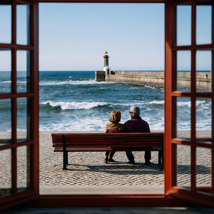 A couple sits on a bench by the ocean, looking at the waves and lighthouse in the distance.