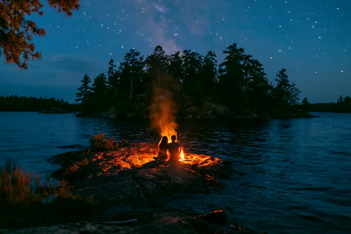 A couple sitting beside a glowing campfire under stars shares a quiet moment on a rocky lakeshore.
