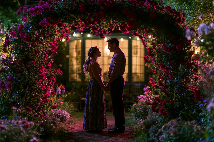 A couple stands hand in hand under a rose-covered archway in a garden illuminated by soft lights at night.