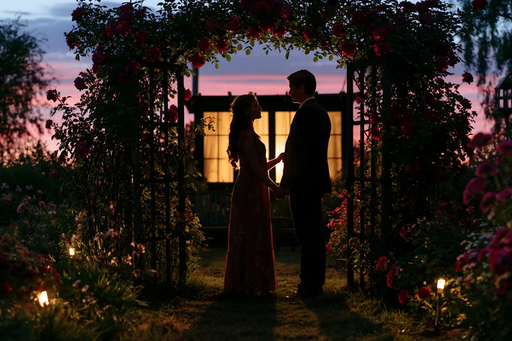 A couple stands hand in hand under an archway of roses in a garden at night.
