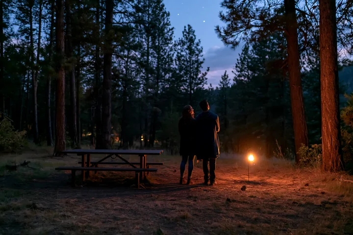 A couple stargazing in a national park stands together near a lantern as night falls.
