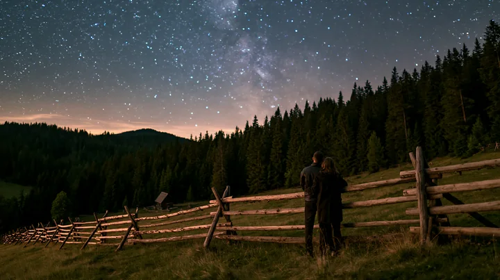 A couple under stars in a pine forest observes the night sky filled with bright stars.