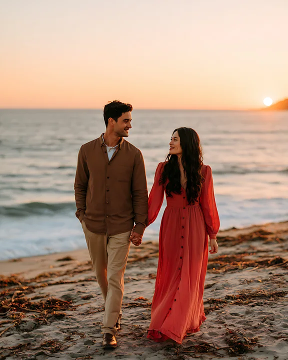 A couple walks hand in hand along the sandy beach as the sun sets over the ocean.
