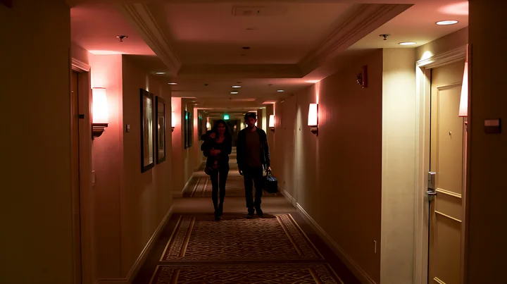 A couple walks through a hotel hallway while carrying a sleeping child.