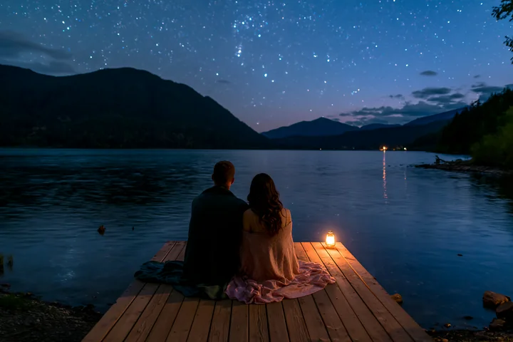 A couple watching stars beside a lake sits on a wooden dock.