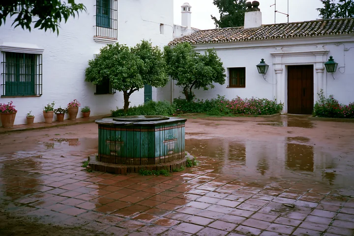 A courtyard features a stone well surrounded by wet tiles after rain.