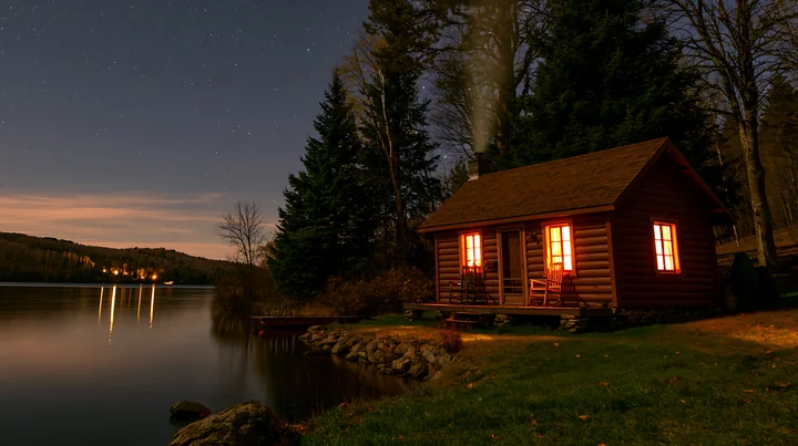 A cozy cabin sits by the water with smoke rising from its chimney under a clear starry sky.