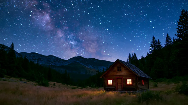 A cozy cabin stands alone in a meadow with glowing windows under a starry sky filled with the Milky Way.