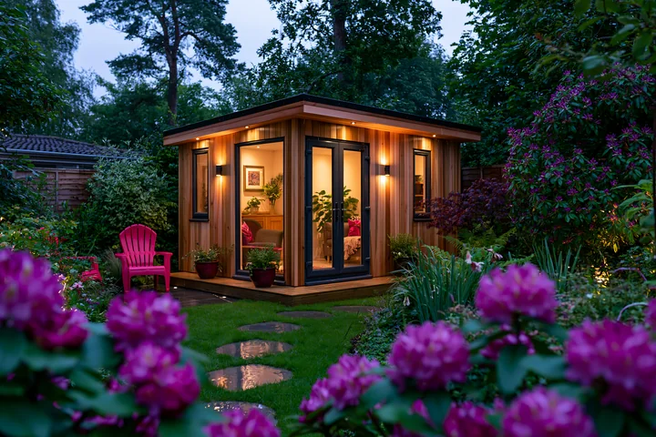 A cozy garden studio is illuminated with warm lights in a vibrant garden filled with flowers.