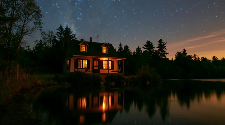 A cozy house with a porch swing stands beside a calm lake, illuminated by warm light.