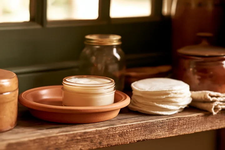 A cream dose beside cotton pads sits on a wooden shelf.