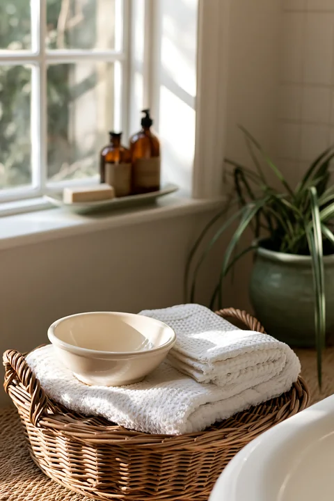 A cream dose beside folded white towel sits on a woven basket in a bright bathroom.