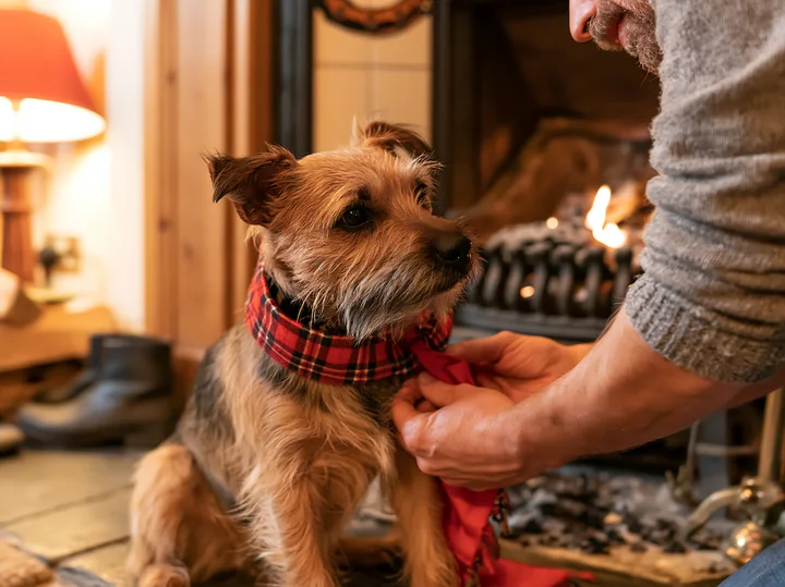 A dog sits by a fireplace while a person ties a festive bandana around its neck in a warm living room setting.