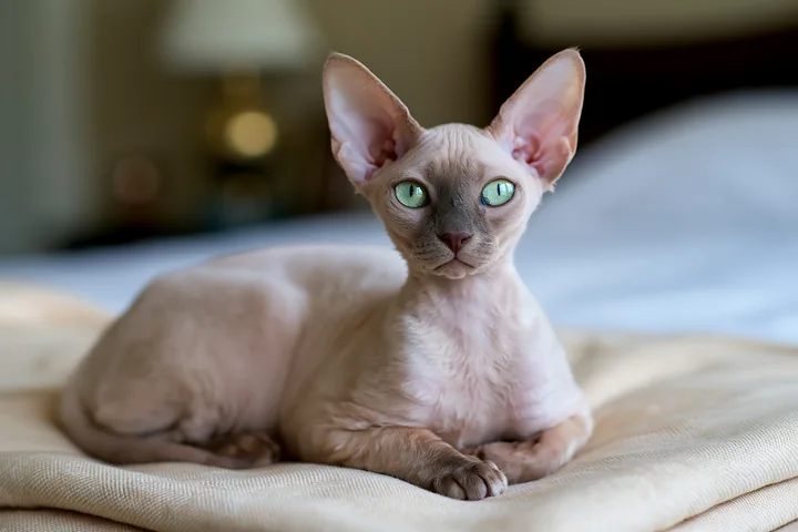 A Dwelf cat sits on a soft blanket in a cozy room with warm lighting.