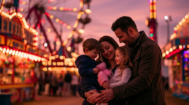 A family enjoys cotton candy at a funfair as colorful lights illuminate the scene during sunset.
