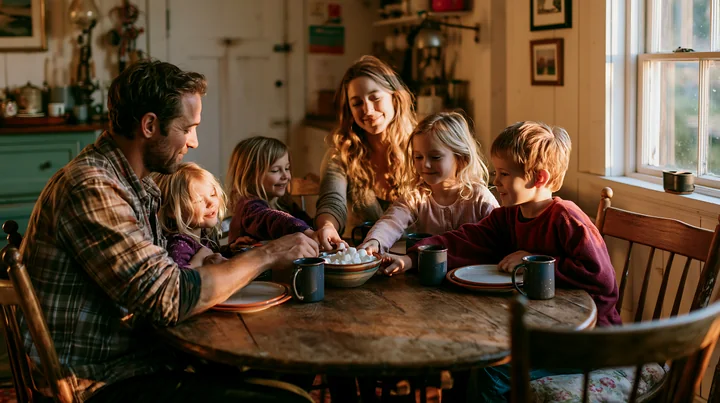 A family enjoys hot chocolate while sitting around a wooden table in a cozy room.