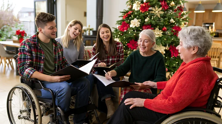 A family gathers indoors, singing Christmas carols while sitting around a table.