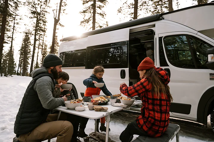 A family is eating breakfast at a table set up beside a camper van in a snowy forest.