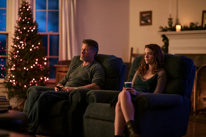 A family relaxes in their living room while watching a holiday movie.