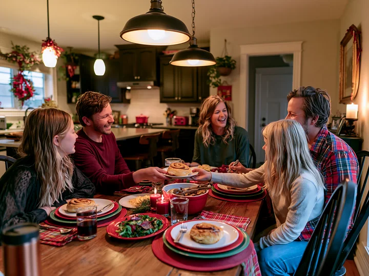 A family shares breakfast around a kitchen table on Christmas morning.