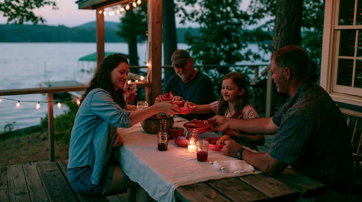 A family shares dessert at a table by the lake during twilight.
