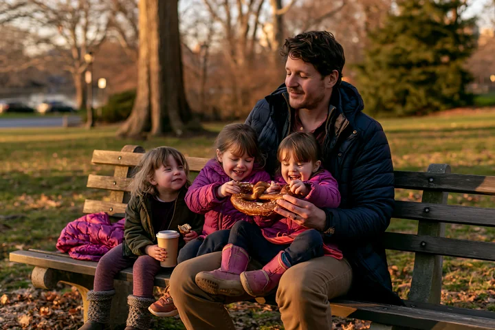 A father and children sharing a giant pretzel while sitting on a park bench during sunset.