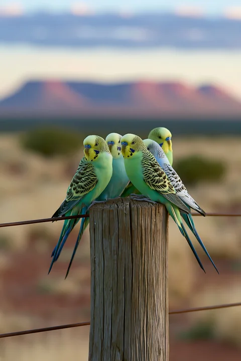 A flock of budgerigars gathers on a wooden post in a vast desert landscape under a clear sky.