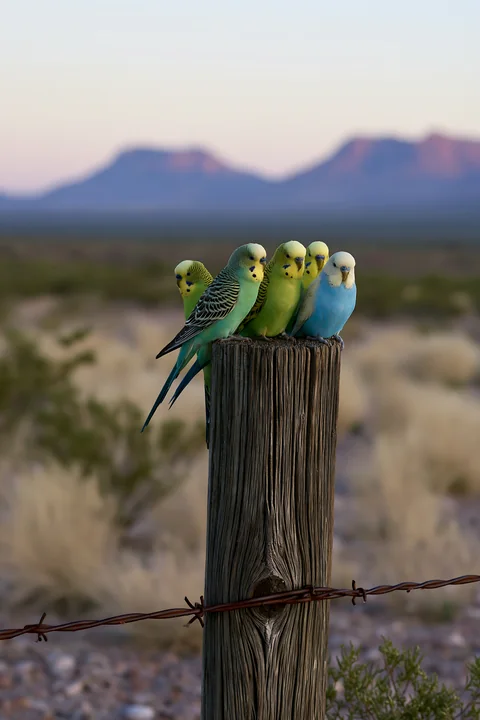 A flock of budgerigars rests on a wooden post in a vast desert landscape under a soft evening light.