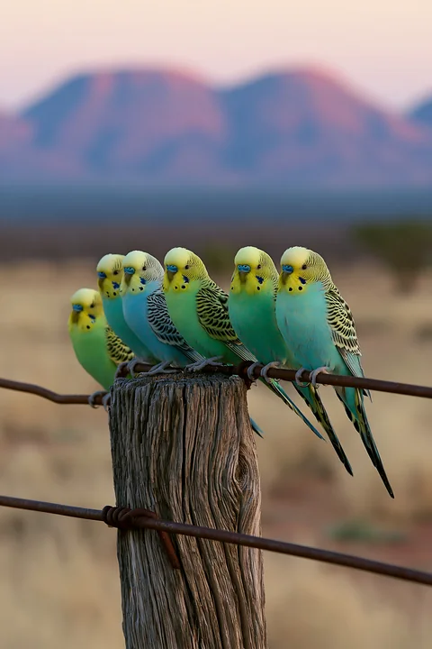 A flock of budgerigars sits on a wooden post in a desert landscape at sunset.
