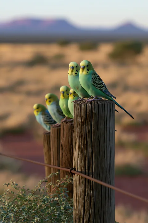 A flock of colorful budgerigars perches on wooden posts above wire fencing in a desert landscape.
