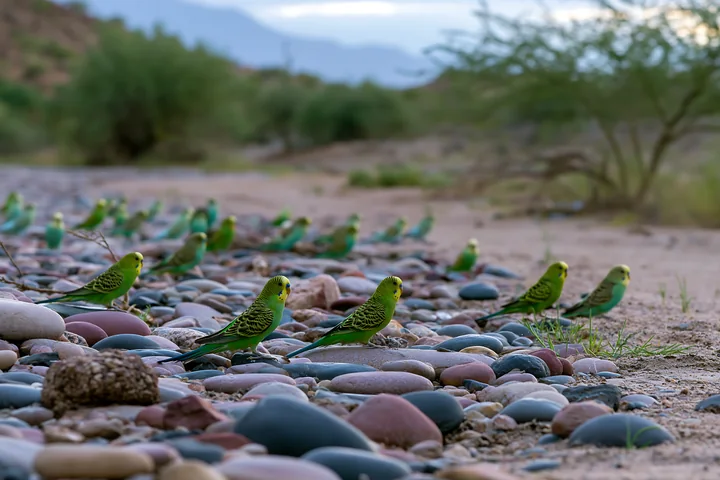 A flock of green budgerigars stands among smooth stones in a sparse desert riverbed.