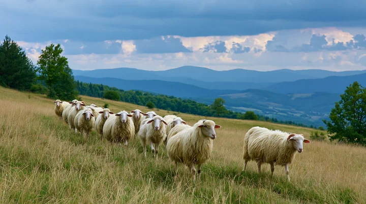 A flock of sheep moves across a meadow under dramatic clouds.