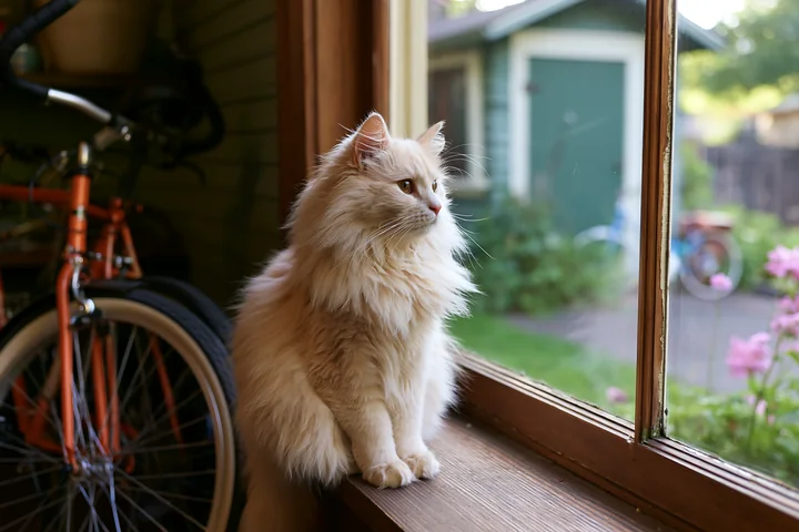 A fluffy cat sits on the windowsill of a country house, gazing outside at the garden and bicycles.