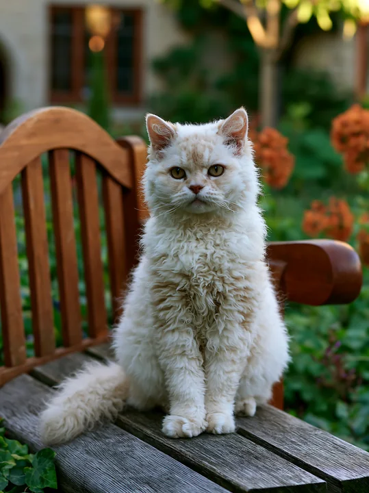 A fluffy Selkirk Rex cat sits on a wooden bench in a garden filled with flowers and greenery.