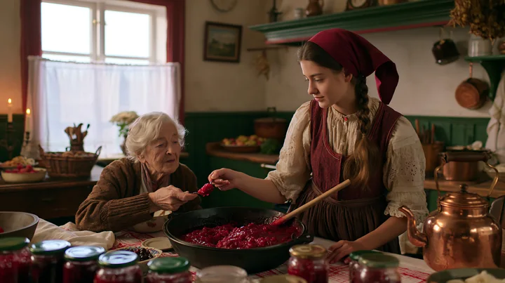 A folk costume woman making preserves in a rural kitchen assists an elder woman.