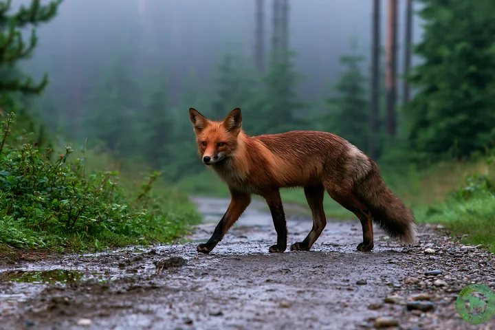 A fox walks along a muddy path surrounded by a pine forest in a mountainous area.