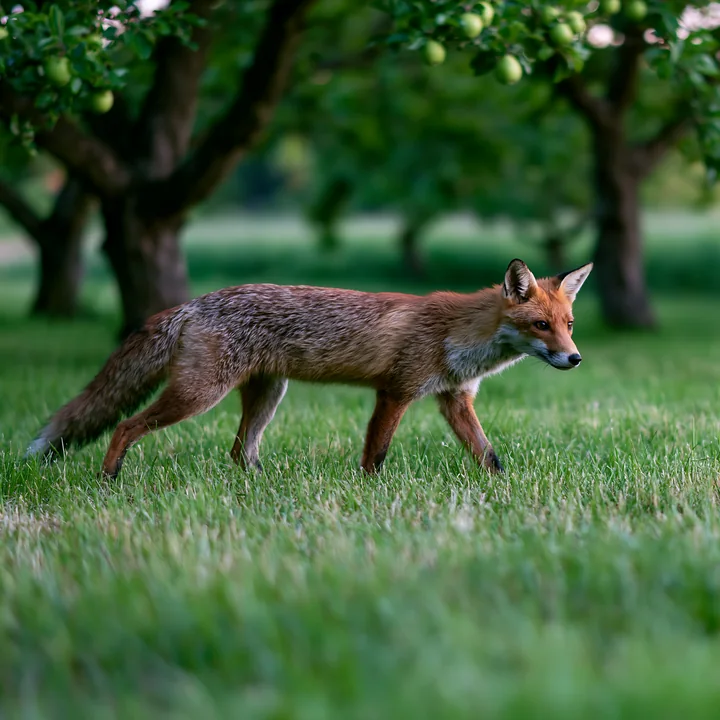 A fox walks through a meadow filled with green grass and trees.