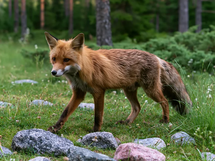 A fox walks through a meadow filled with rocks and grass.