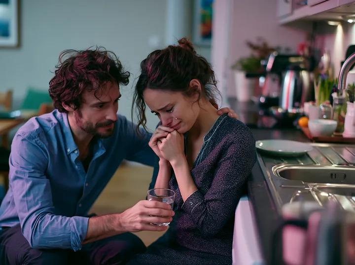 A friend comforts a crying woman in a home kitchen while offering her a glass of water.